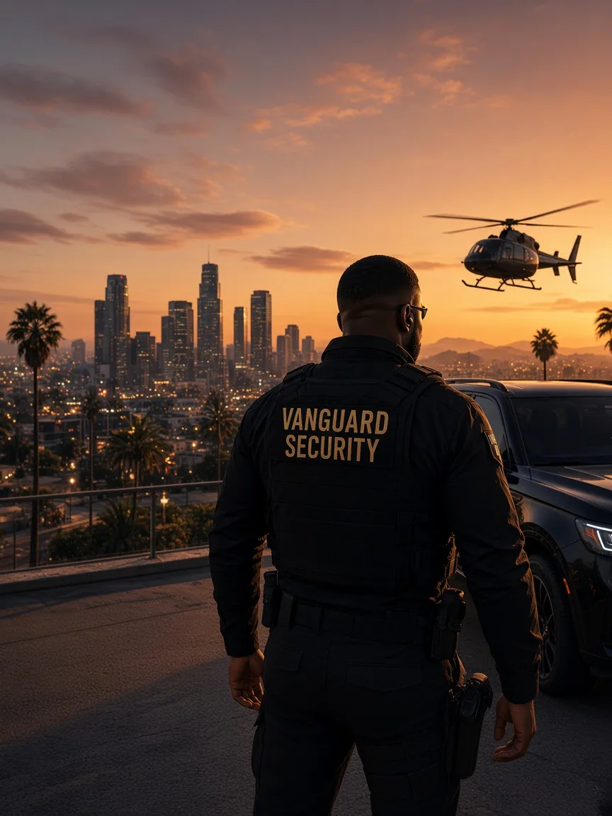 A Vanguard officer overlooking Los Santos at dusk
